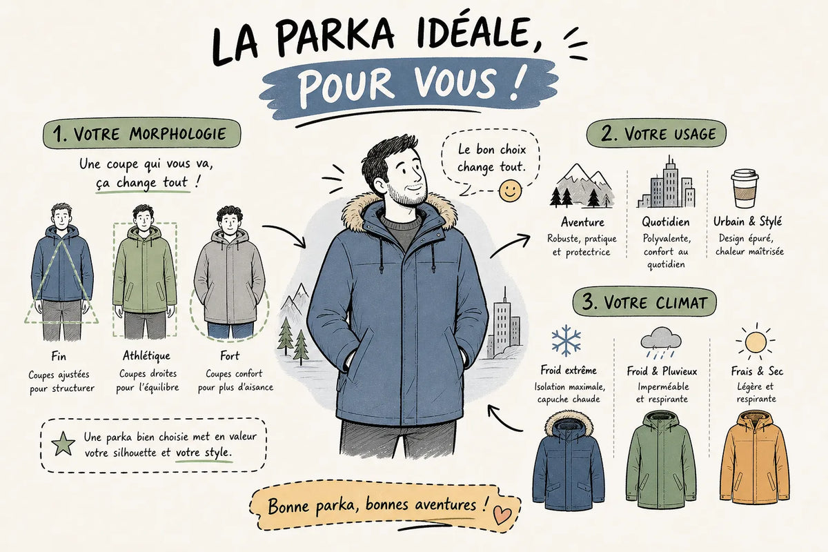 Illustration des critères de choix d’une parka : morphologie, usage et climat Image