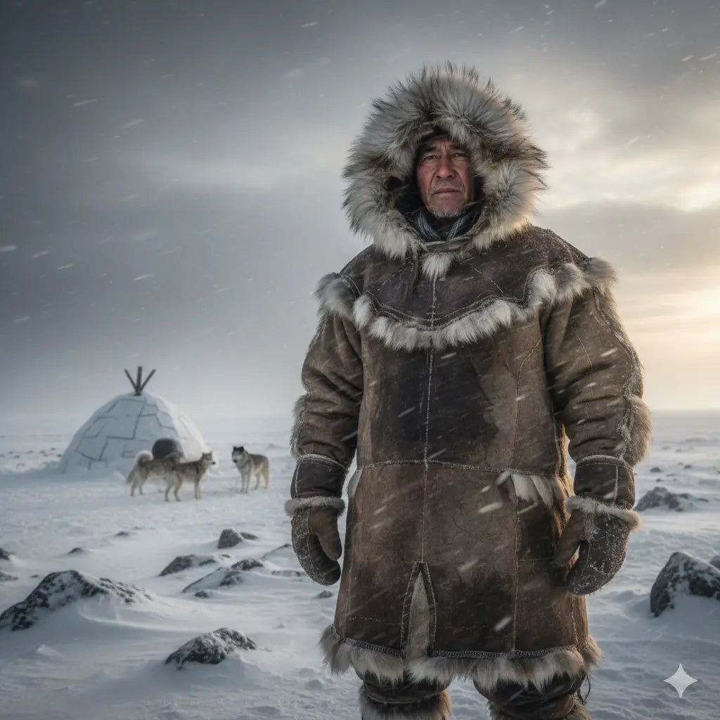 Homme en parka face à un igloo, symbole de l'origine de la définition parka dans un environnement enneigé. Image