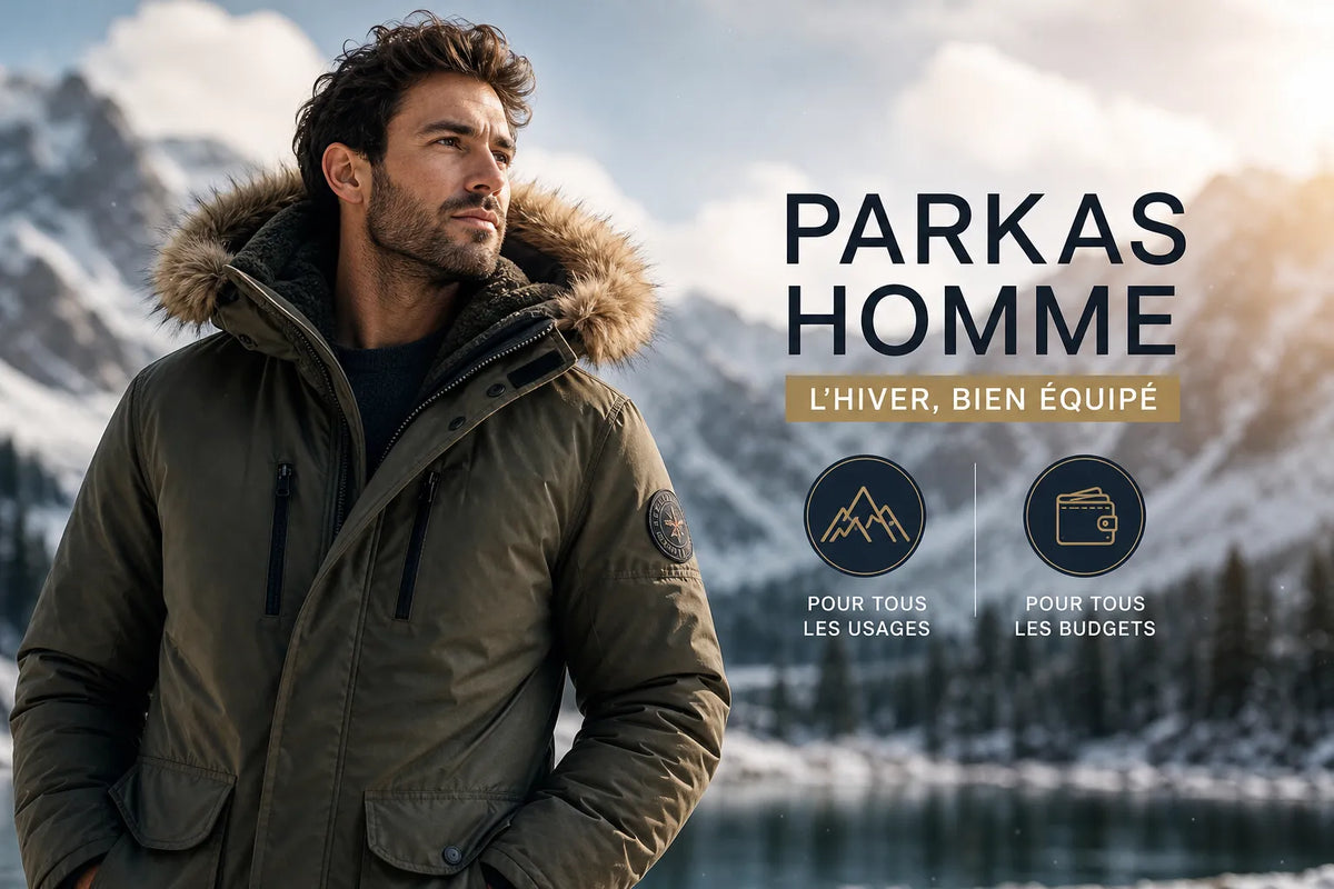 Illustration d’un homme en parka kaki devant un paysage montagneux enneigé Image