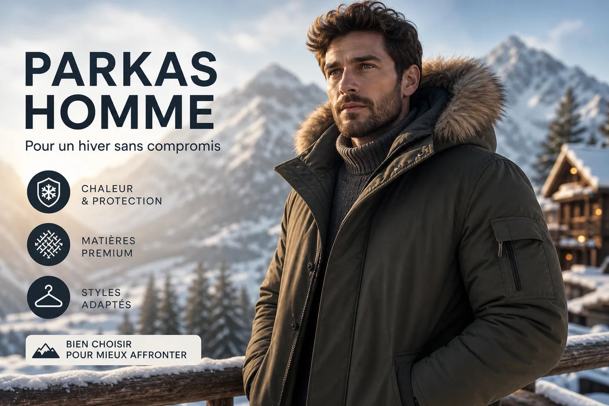 Illustration d’un homme en parka devant un paysage hivernal enneigé