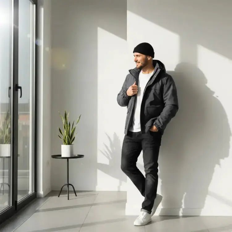 Homme portant une parka élégante dans un intérieur moderne, image pour l'article parka homme 2025 : guide complet pour trouver la bonne parka. Image
