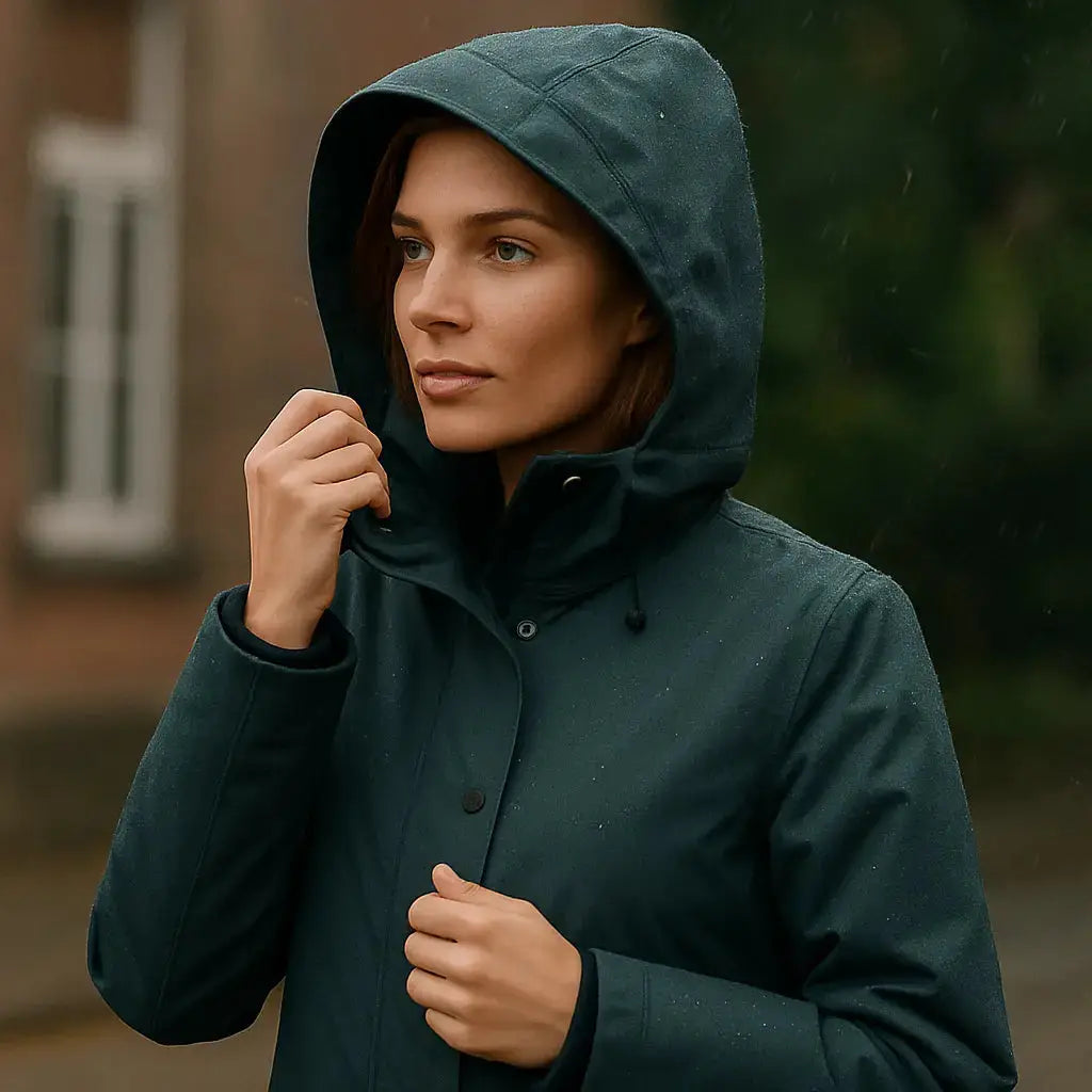 Femme portant une parka imperméable avec capuche sous la pluie, idéale pour choisir une parka de pluie. Image