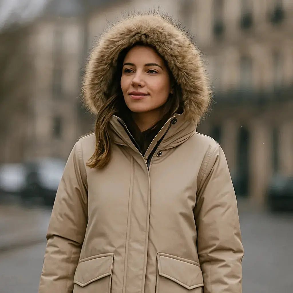 Parka à capuche beige avec fausse fourrure, idéale pour les températures froides en milieu urbain. Image