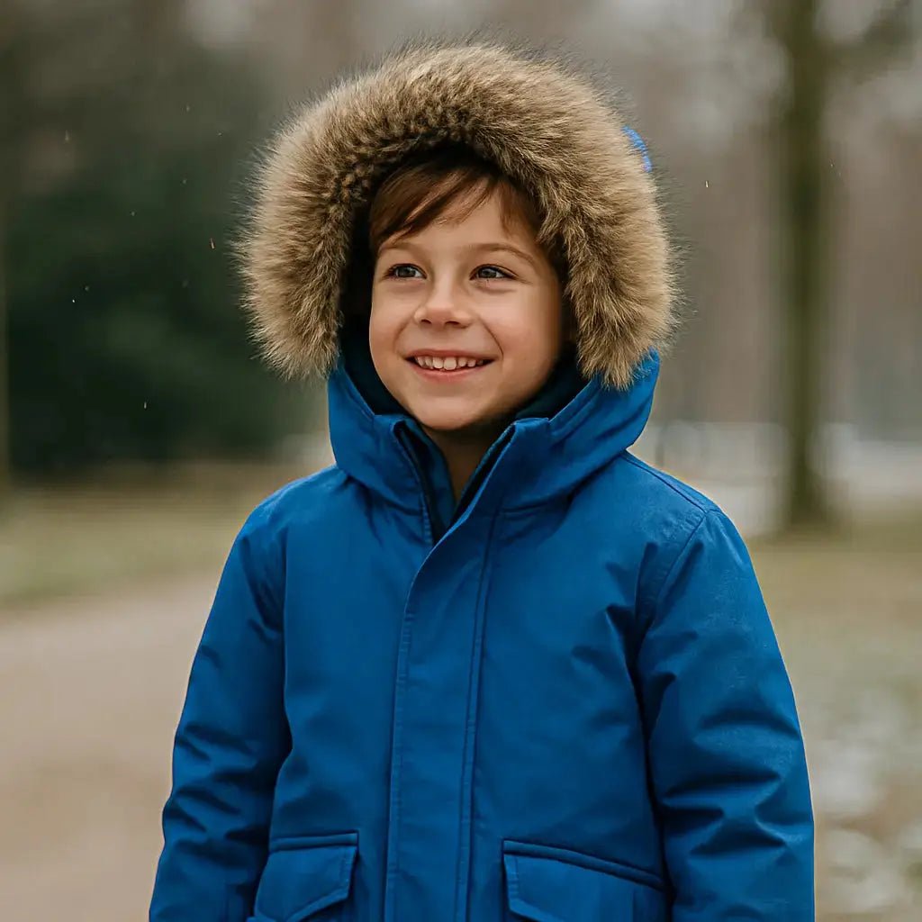 Parka enfant sur un enfant souriant avec capuche fourrée en extérieur. Image