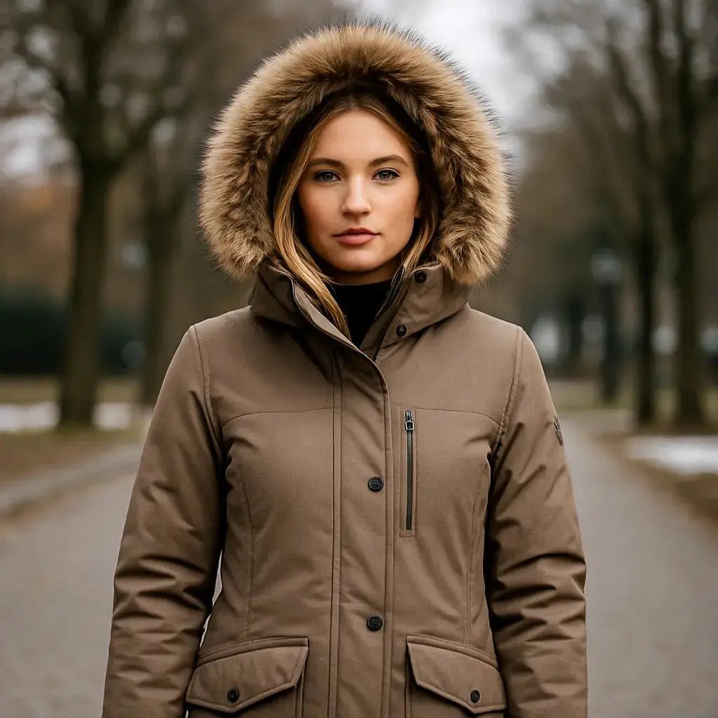 Femme portant une parka femme avec capuche en fourrure, idéale pour le confort et le style en hiver. Image