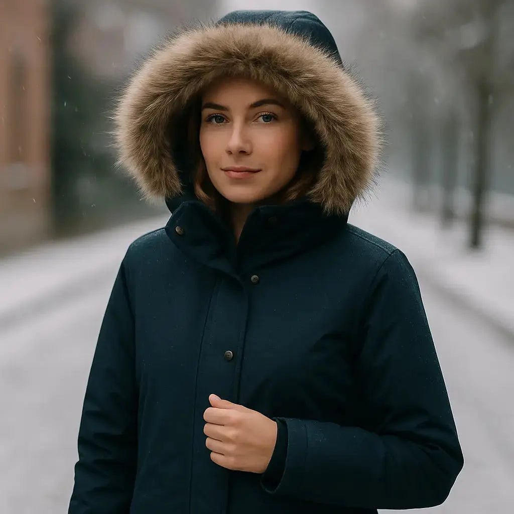 Femme portant une parka hiver avec capuche en fourrure, idéale pour le grand froid. Image