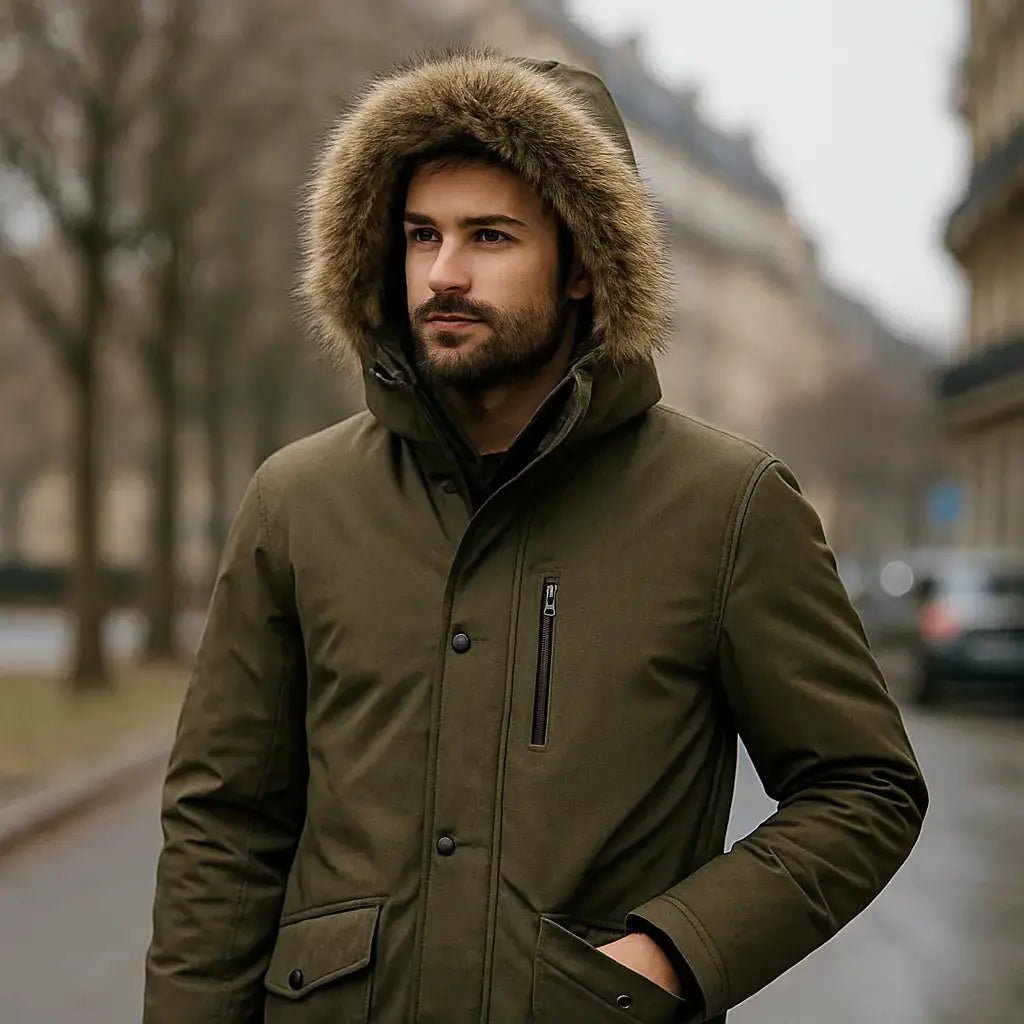 Homme portant une parka homme résistante avec capuche en fourrure, idéale pour l'hiver urbain. Image