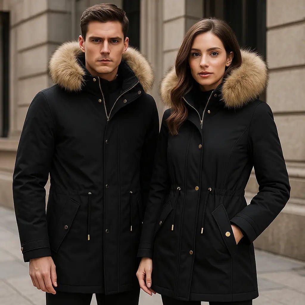 Homme et femme portant des parkas longues noires avec capuches en fourrure, style élégant pour l'hiver. Image