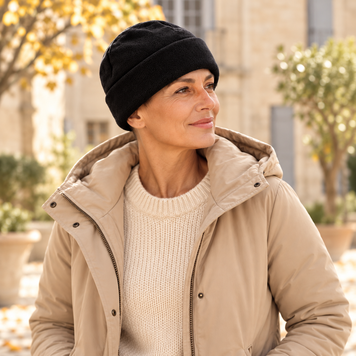 Bonnet polaire recyclé à revers – Le Refuge — mise en situation
