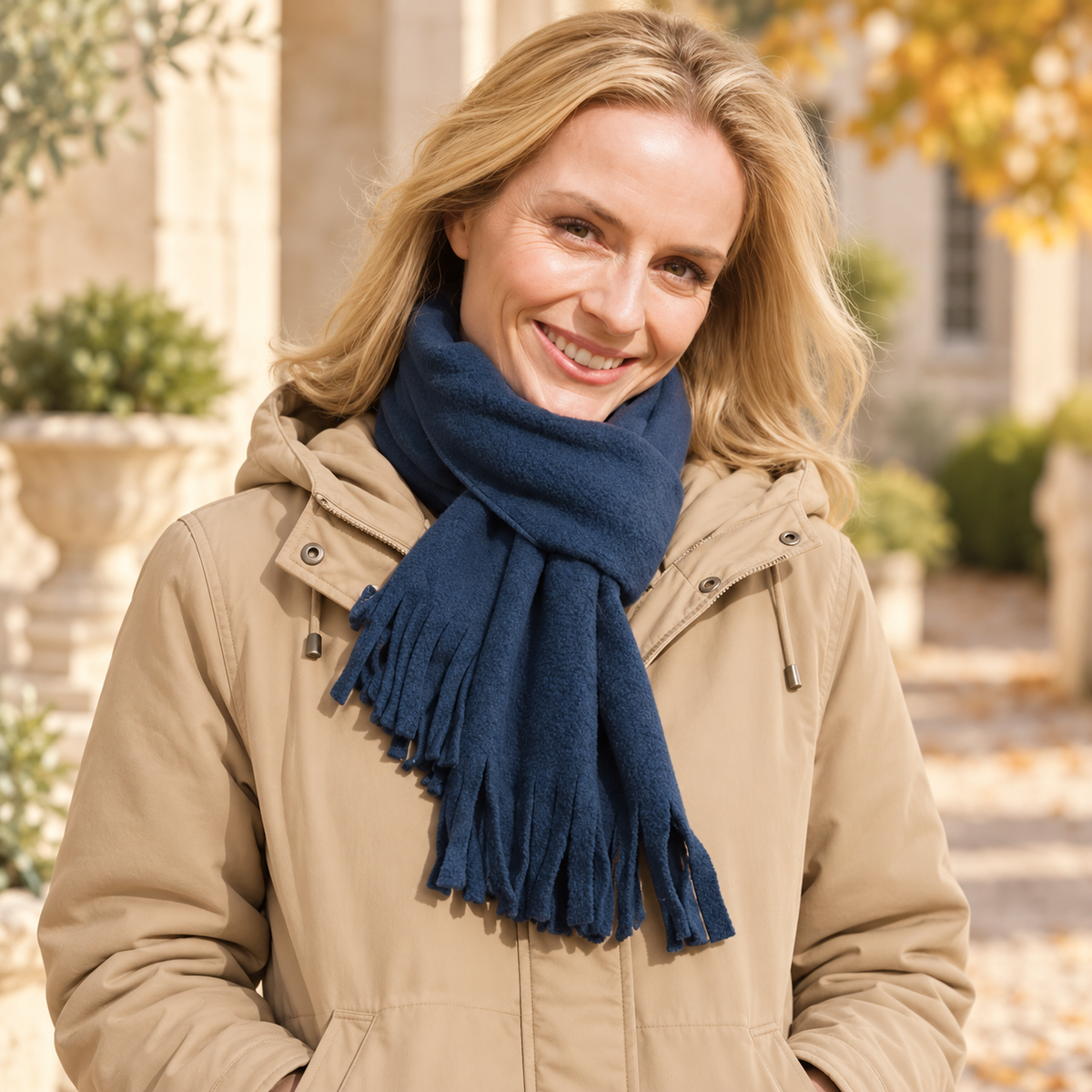 Écharpe polaire à franges R143X – Result — porté avec une parka