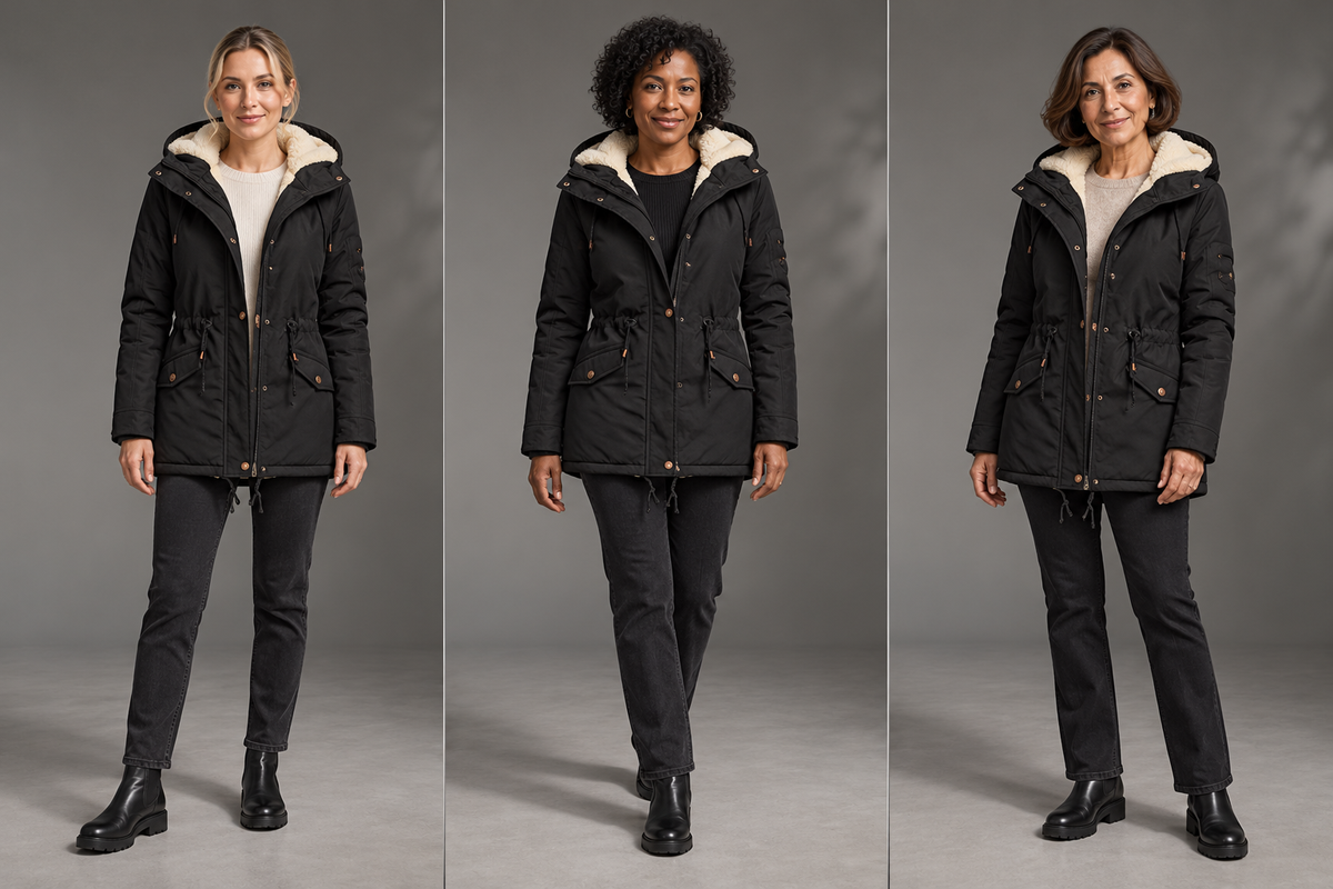 Parka femme noire à capuche avec doublure contrastée – La Boréale – bloc 2, trois personnes différentes portant la parka