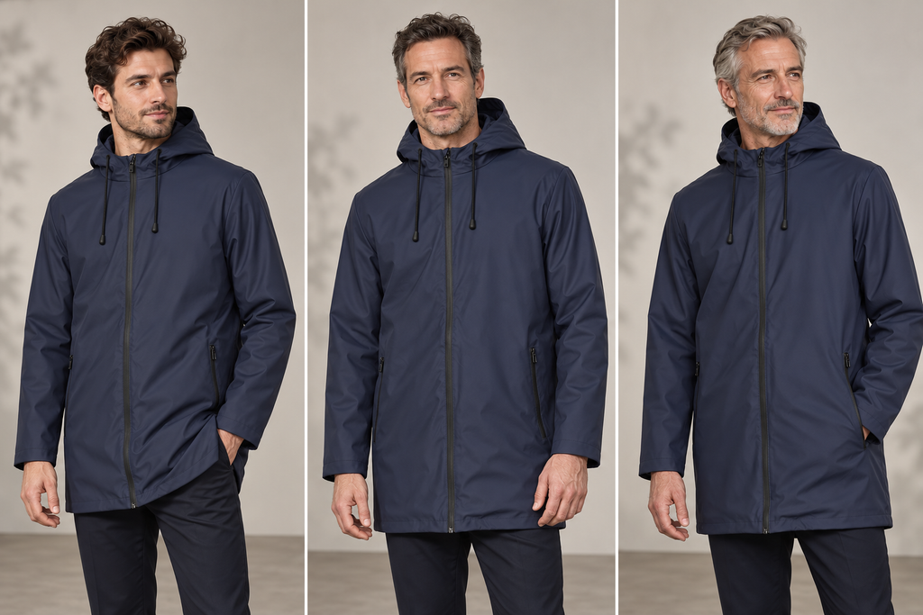 Parka cirée professionnelle homme – Le Technicien, bleu marine, présentation portée 3