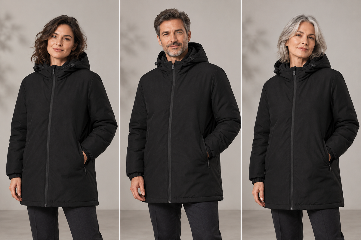 Parka professionnelle unisexe en polyester recyclé – L’Équipage, noir, présentation portée 3