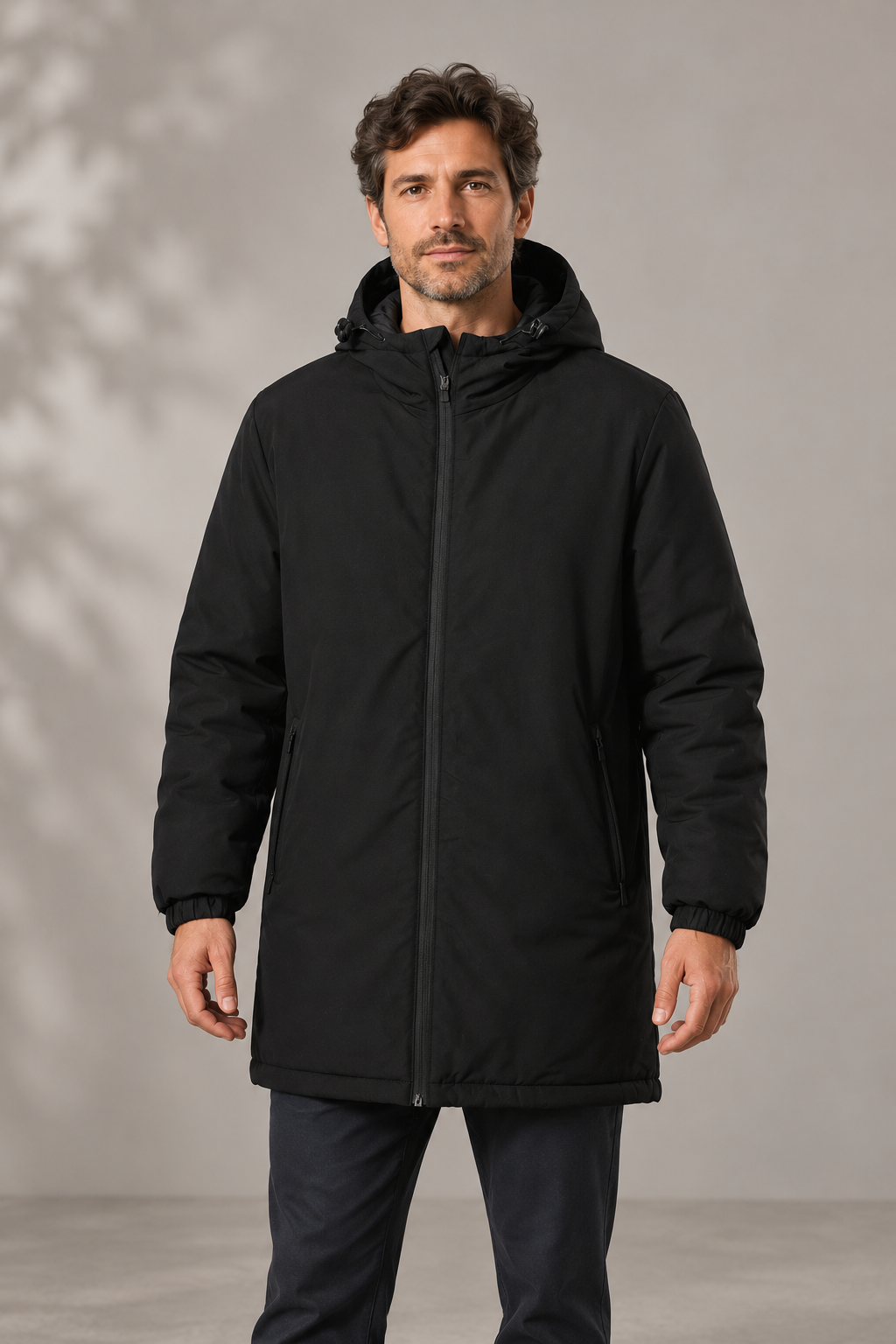 Parka professionnelle unisexe en polyester recyclé – L’Équipage portée, coloris Noir