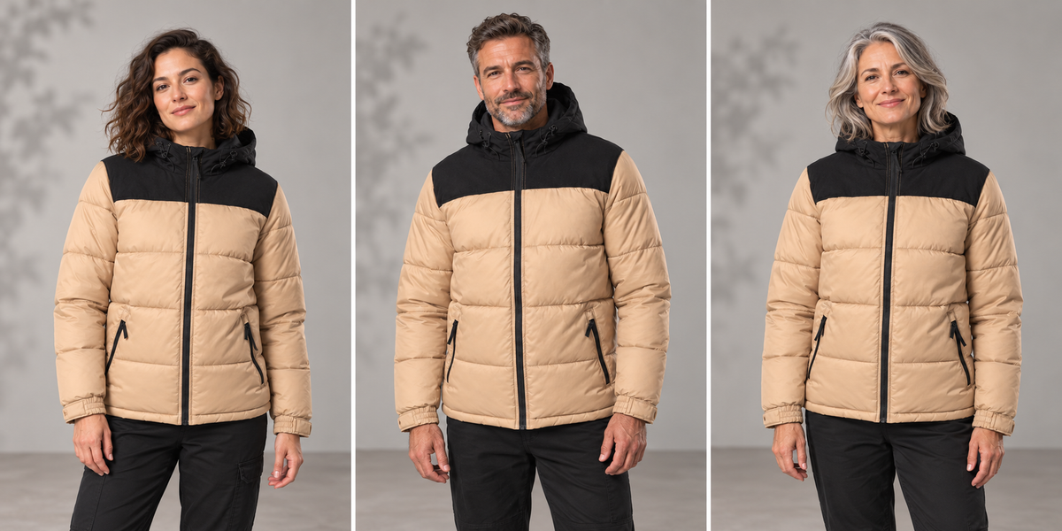 Parka professionnelle bicolore matelassée – Le Relais, beige et noir, présentation portée 1