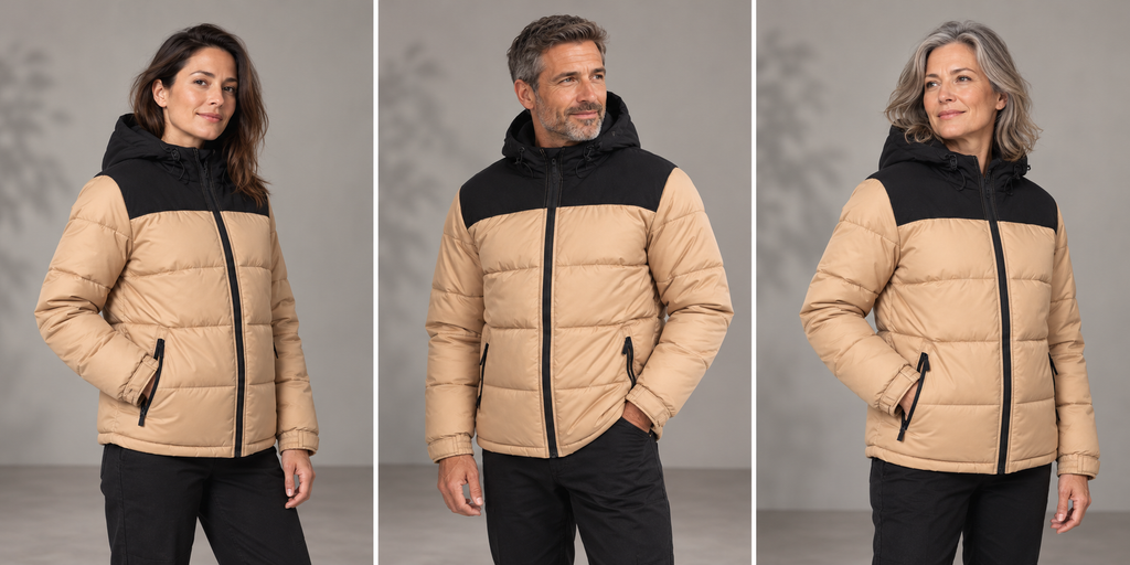 Parka professionnelle bicolore matelassée – Le Relais, beige et noir, présentation portée 3