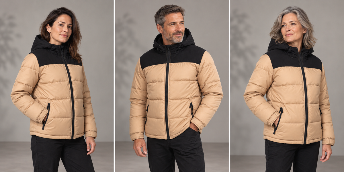 Parka professionnelle bicolore matelassée – Le Relais, beige et noir, présentation portée 3
