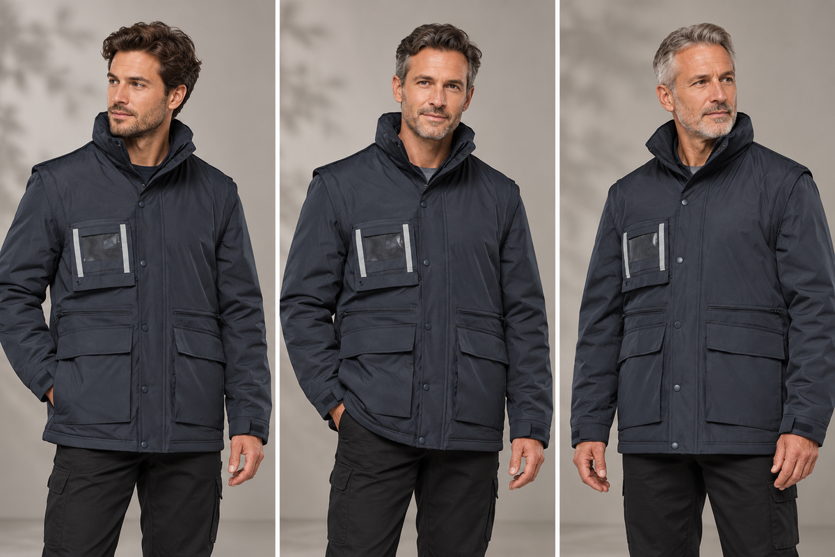 Parka de travail multipoches à manches amovibles – Le Contremaître, bleu marine, présentation portée 3