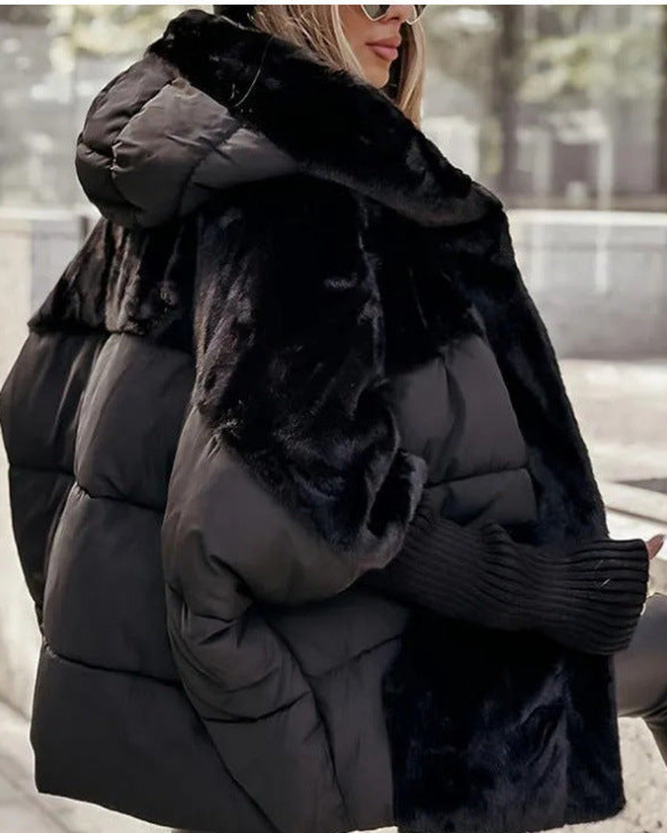 Doudoune oversize femme noire, capuche et fausse fourrure