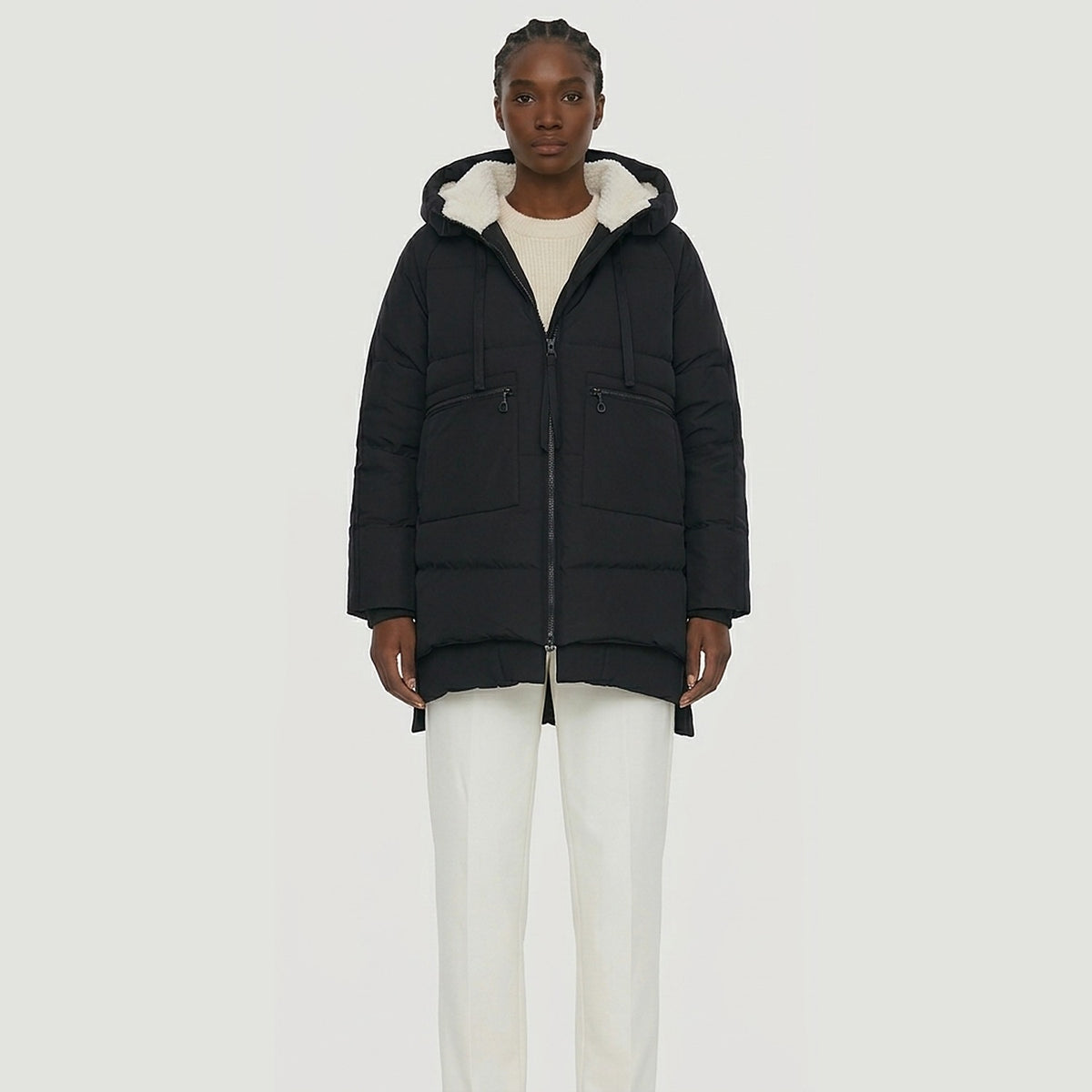 Doudoune femme mi-longue à capuche noire, doublure sherpa écrue, coupe oversize – La Banquise