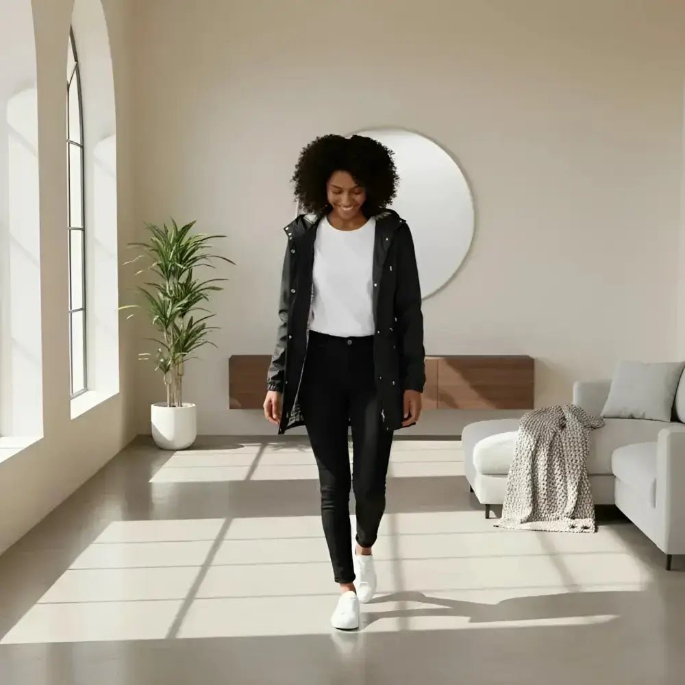 Femme portant une Parka Femme Doublure Tartan à Capuche en milieu intérieur lumineux.