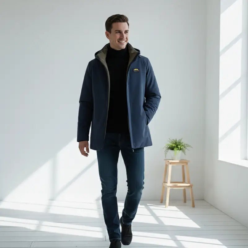 Parka homme bleu marine grande taille portée par un homme dans un intérieur lumineux.