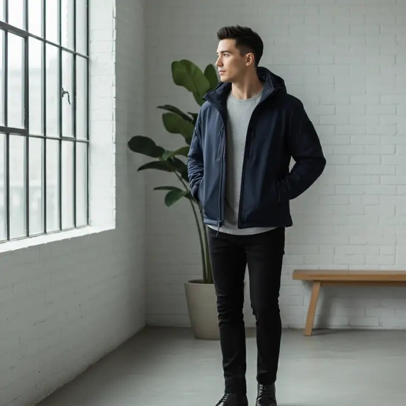 Homme portant une parka homme noire décontractée, regardant par la fenêtre dans un décor moderne.