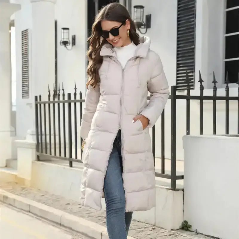 Parka chaude imperméable femme - Manteau d'hiver matelassé beige avec capuche, idéal pour l'hiver.