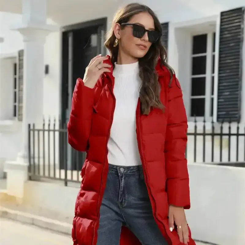 Parka chaude imperméable femme, manteau d'hiver rouge matelassé, protection contre le froid et l'humidité.