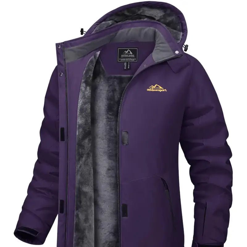 Parka hiver femme violet avec capuche, chaude et imperméable, idéale pour l'hiver.