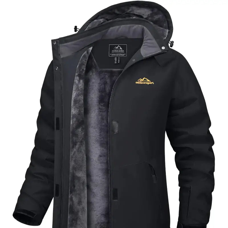 Parka femme capuche réglable en noir, doublure intérieure douce, idéale pour les journées fraîches.