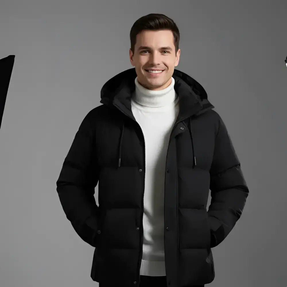 Parka hiver homme coupe bouffante de couleur noire, idéale pour les journées fraîches, présentée par un modèle.
