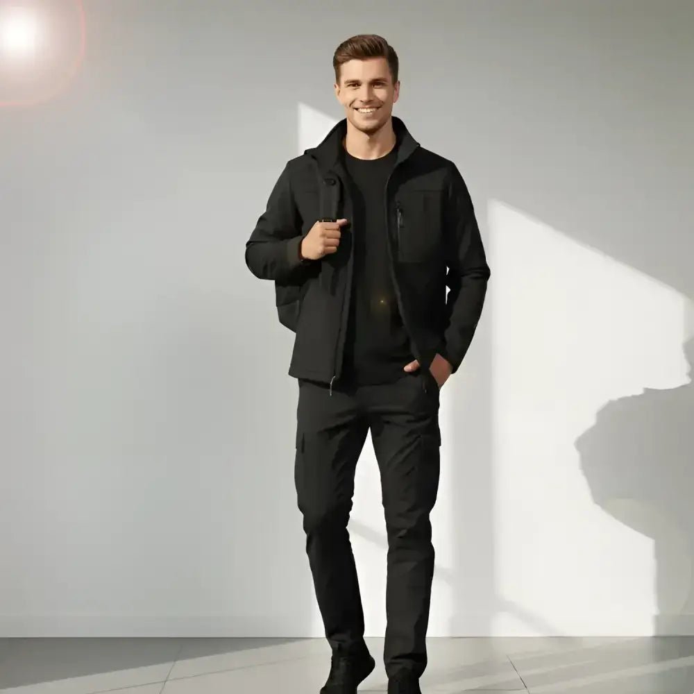 Parka homme bordeaux imperméable à capuche portée avec un look urbain décontracté.