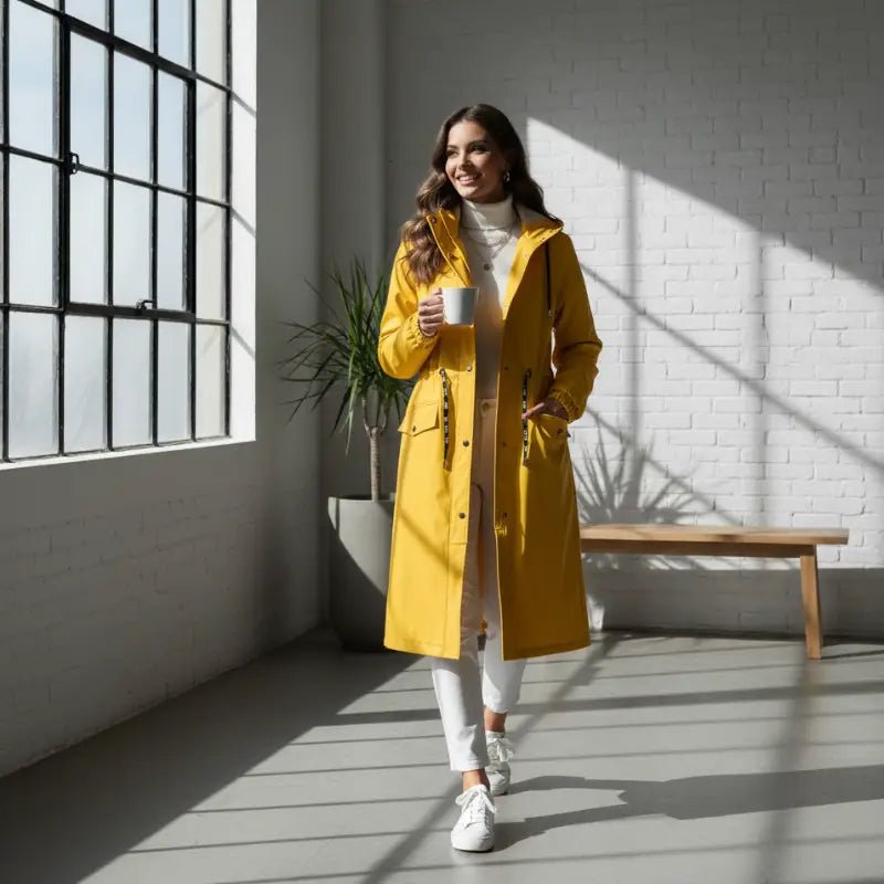 Une femme souriante portant une parka légère femme déperlante jaune, idéale pour la mi-saison.