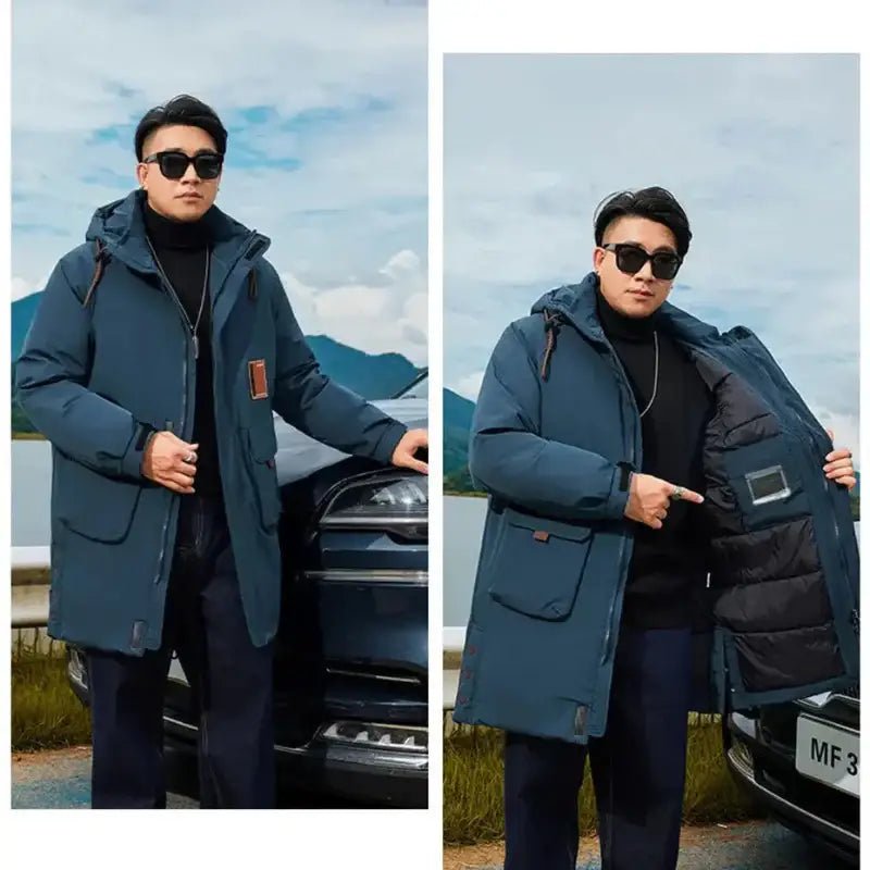Parka longue homme grande taille noire – Le Titan, modèle hiver, avec capuche et poches, style moderne.