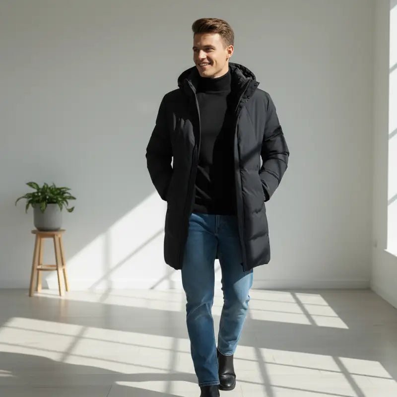 Homme portant une parka homme grande taille à capuche noire dans un environnement lumineux.